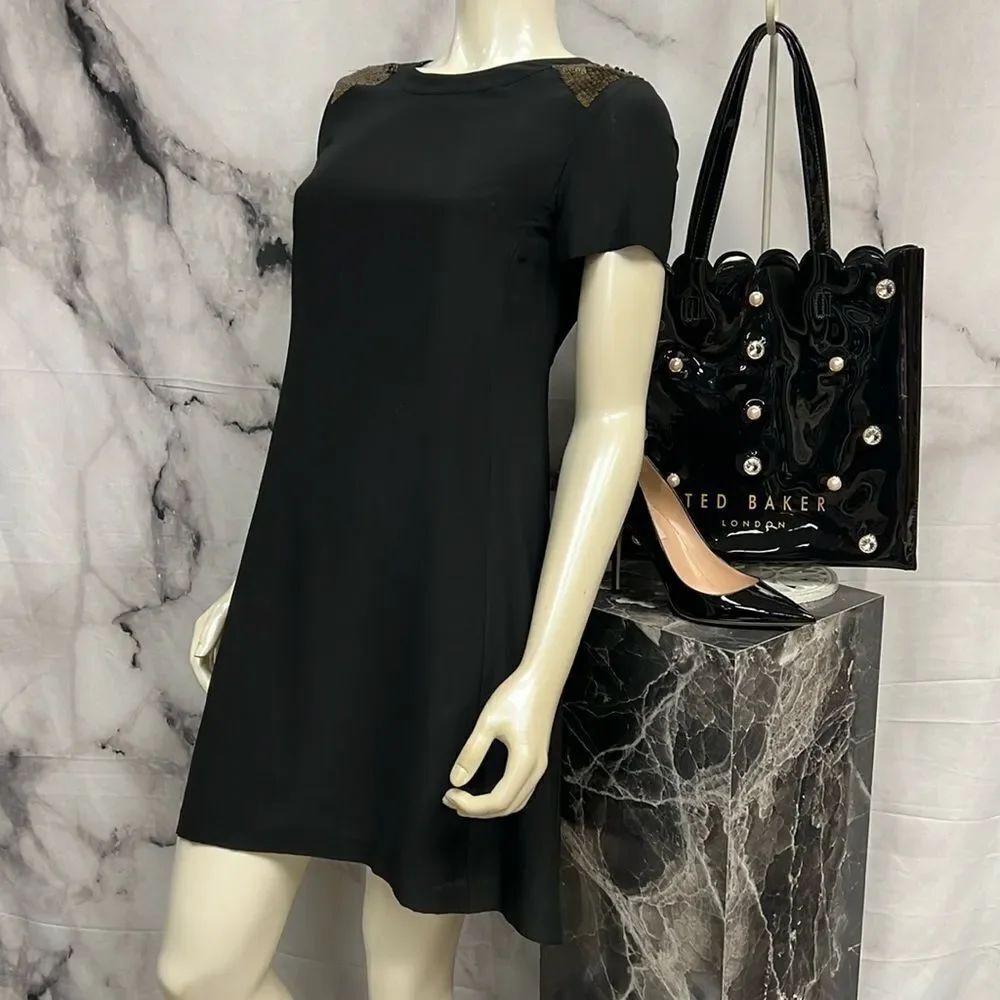 * Madewell black silk shift with bronze sequin shoulders cap sleeve